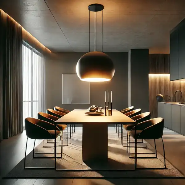 A modern dining room with dramatic lighting as the centerpiece