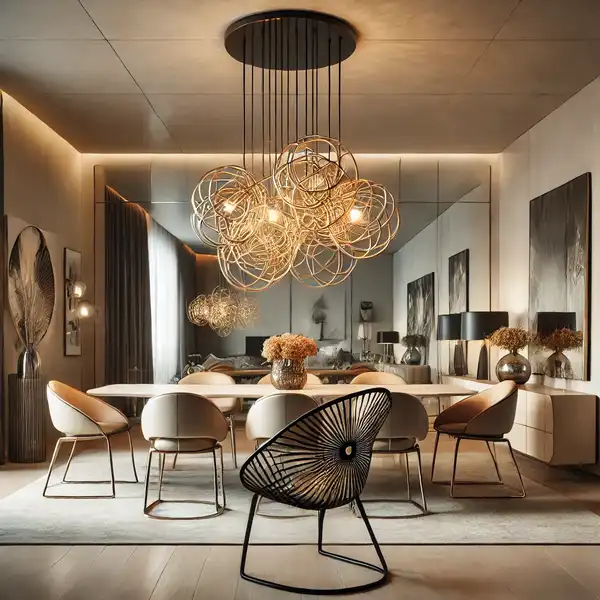 A modern dining room with eye catching accents like a large artistic light fixture hanging from the ceiling