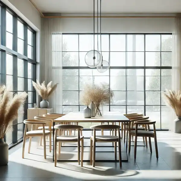 A modern dining room with large windows letting in plenty of natural light.