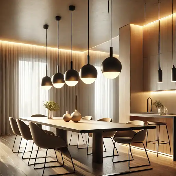 A modern dining room with pendant lights hanging above a sleek dining table