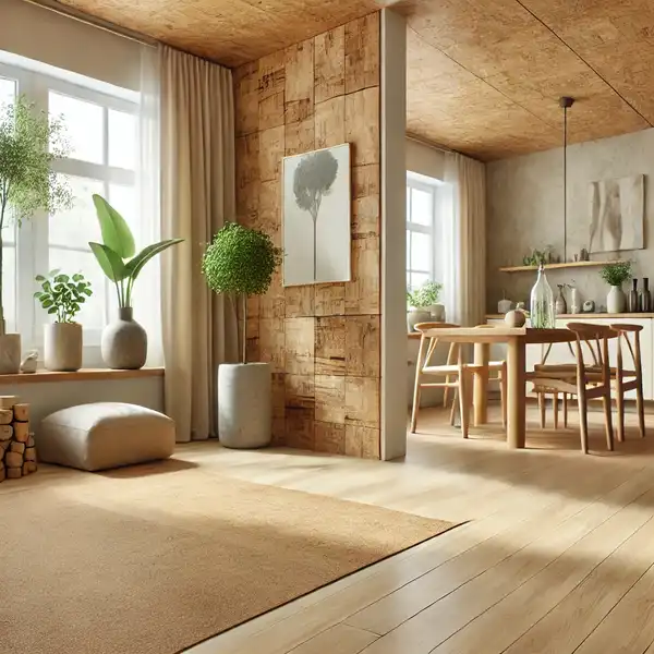 A modern, eco friendly room featuring flooring made from sustainable materials like bamboo, cork, and reclaimed wood