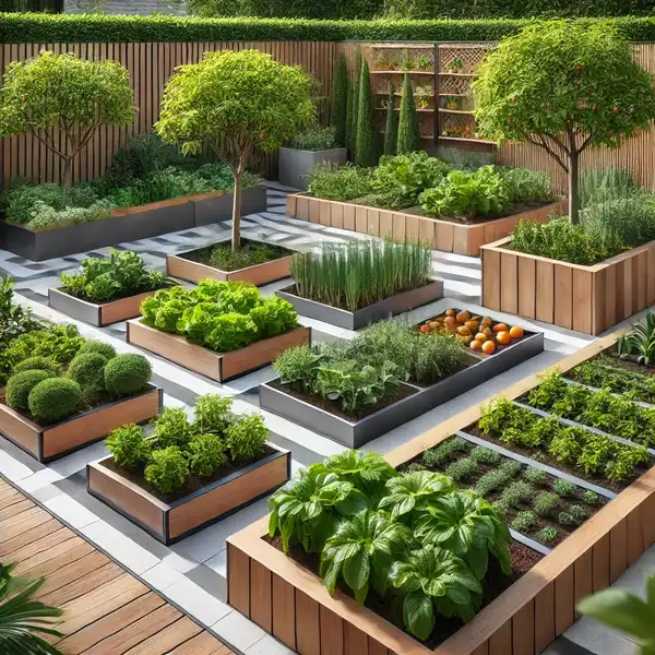 A modern edible garden with raised beds made of wood and metal