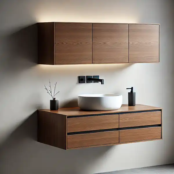 A modern floating bathroom vanity with a wall mounted design, made from sleek wood with a smooth lacquer finish