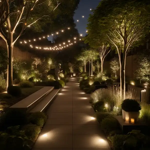 A modern garden at night featuring stylish lighting