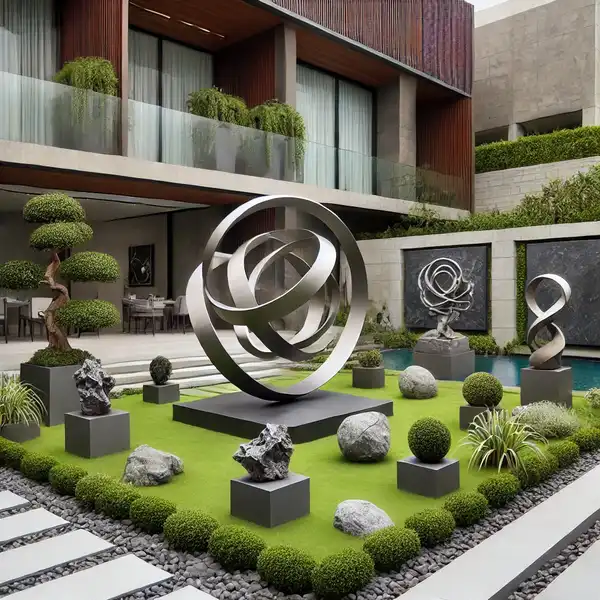 A modern garden featuring art and sculptures