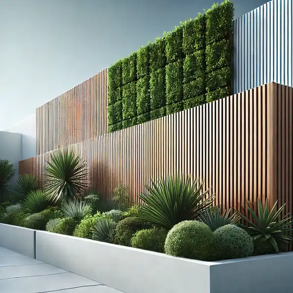 A modern garden featuring clean, minimalist fencing