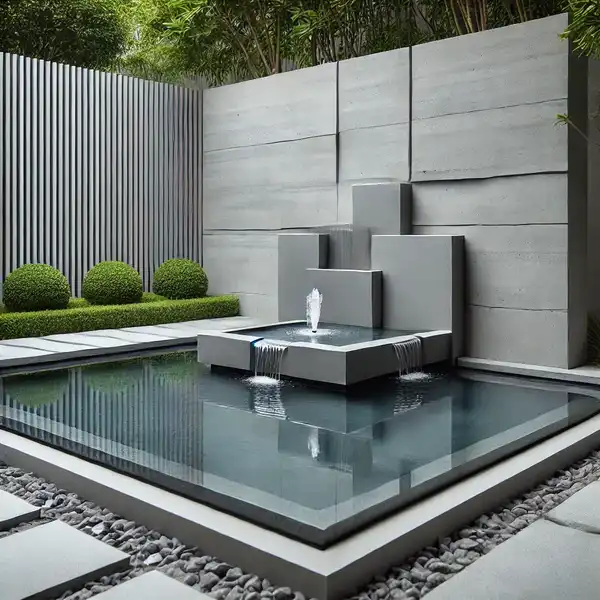 A modern garden with a sleek water feature