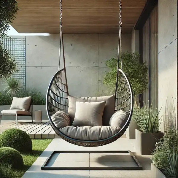 A modern hanging chair or swing set in a stylish outdoor living area