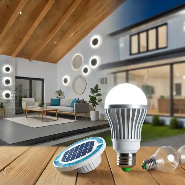 A modern home with eco friendly lighting options such as LED bulbs and solar powered lights