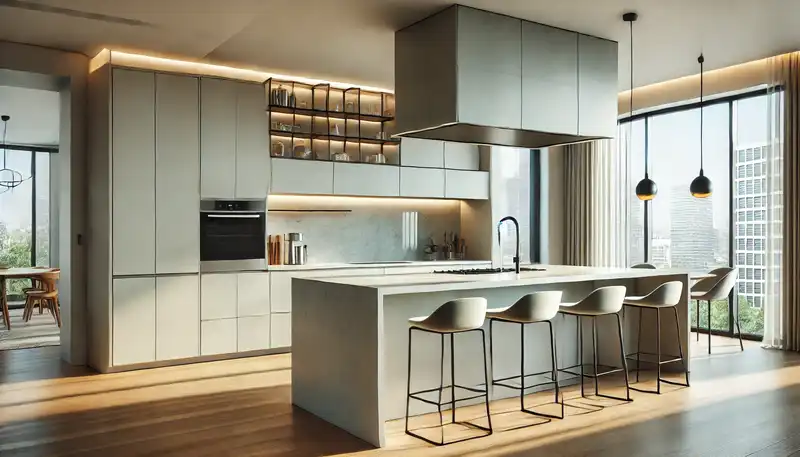 A modern kitchen featuring a floating kitchen island design