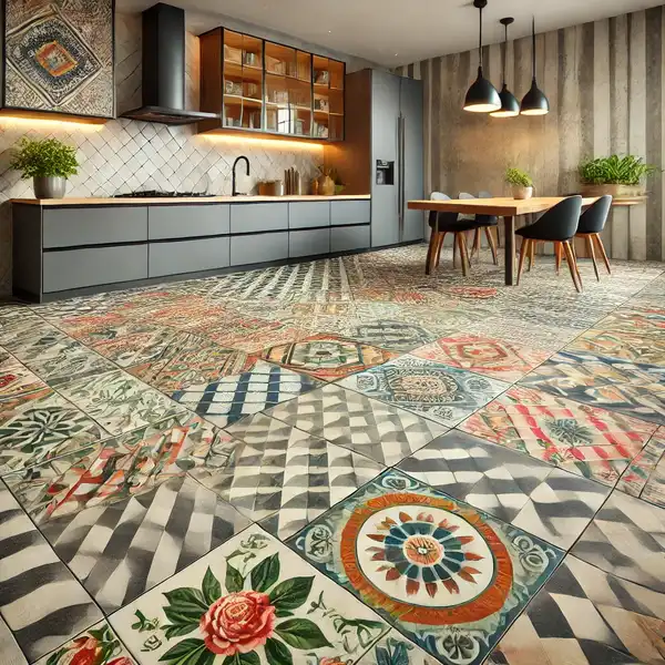 A modern kitchen with flooring made from patterned tiles