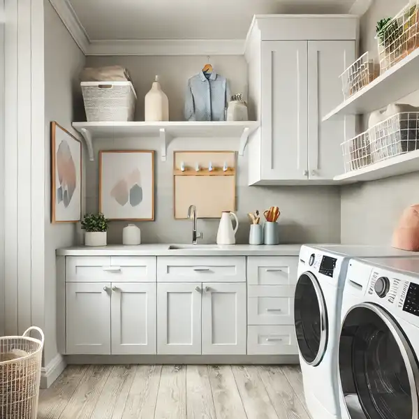 A modern laundry room featuring light, neutral color schemes like white and light gray