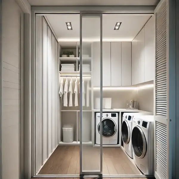 A modern laundry room with sliding doors or pocket doors