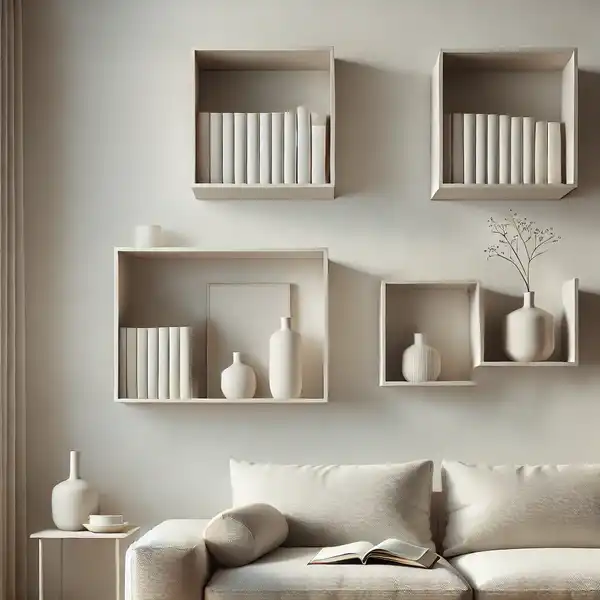 A modern living room featuring wall mounted shelving units