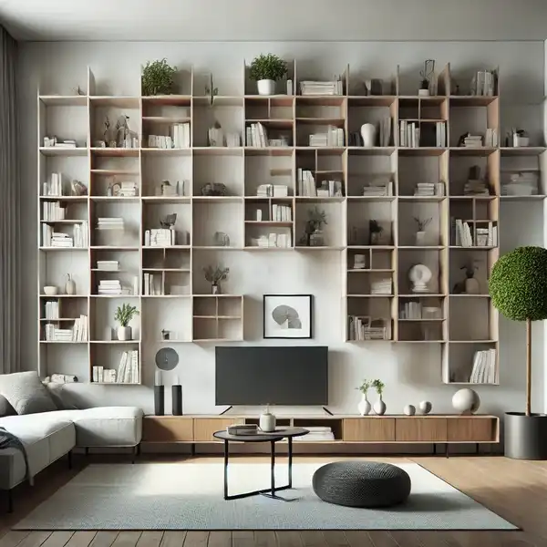 A modern living room with a modular shelving unit on a large wall