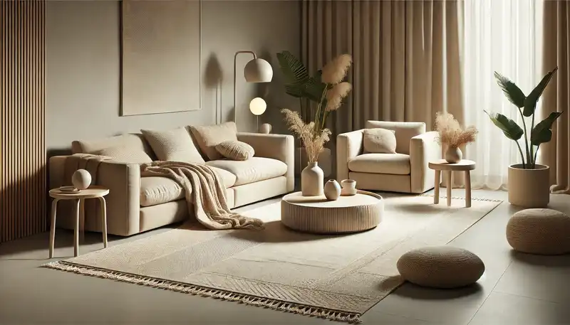 A modern living room with a neutral toned contemporary rug, featuring subtle beige and cream colors