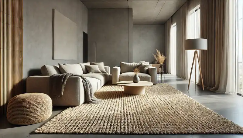 A modern living room with a textured wool and jute rug