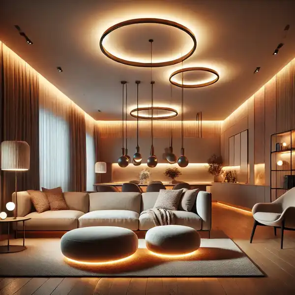 A modern living room with cozy, soft glow lighting that creates a warm atmosphere