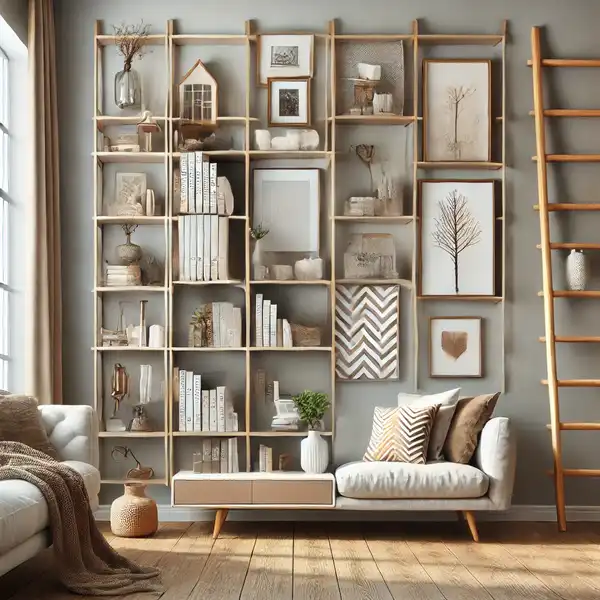 A modern living room with ladder shelves leaning against a wall