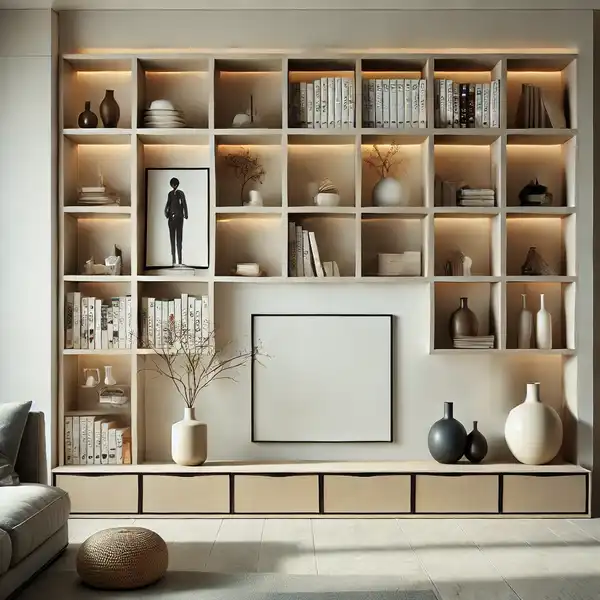 A modern living room with recessed shelving built into the wall