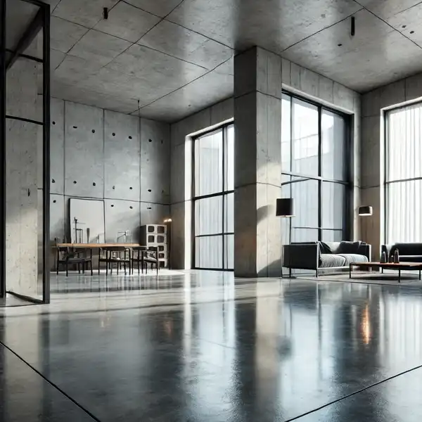 A modern, minimalist living space featuring concrete flooring