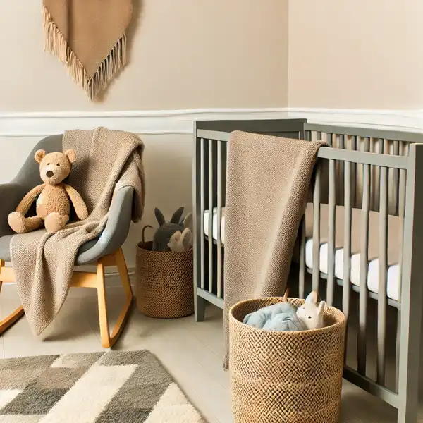 A modern nursery decor featuring cozy accessories and textures