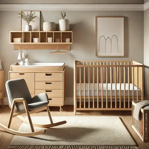 A modern nursery decor featuring stylish and functional furniture