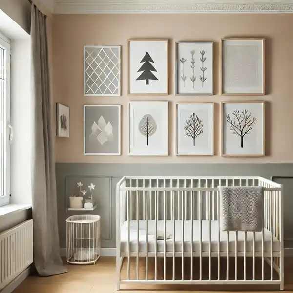 A modern nursery decor with minimal wall decor. webp