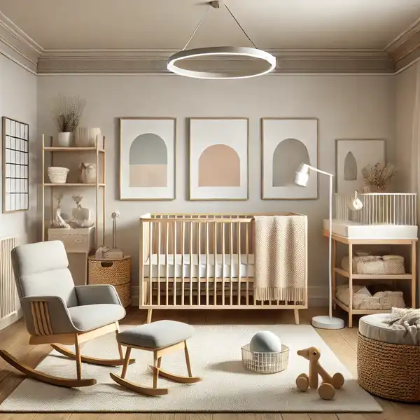 A modern nursery decpr featuring a neutral color palette of light gray, beige, white, light pink, pale blue, and soft green