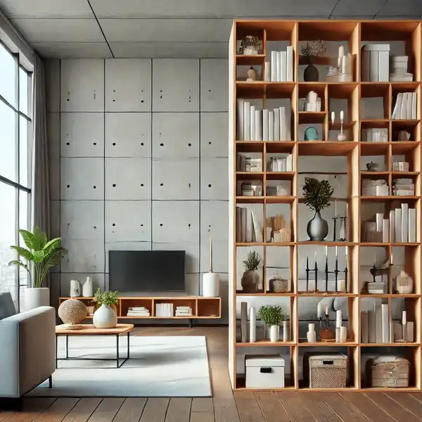 A modern open plan living room featuring a large bookshelf used as a room divider