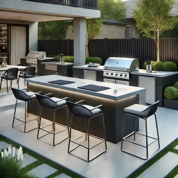 A modern outdoor kitchen setup with sleek countertops and a built in grill