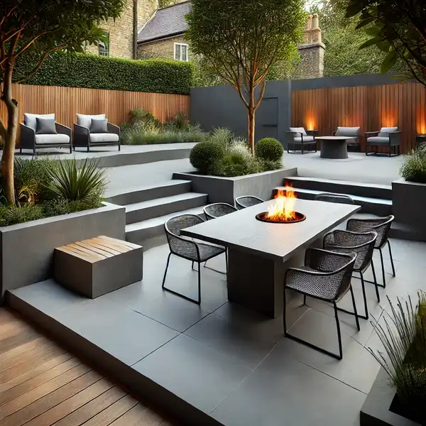 A modern outdoor living space within a garden