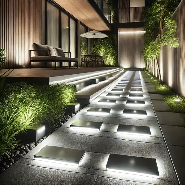 A modern outdoor pathway illuminated by sleek LED lights