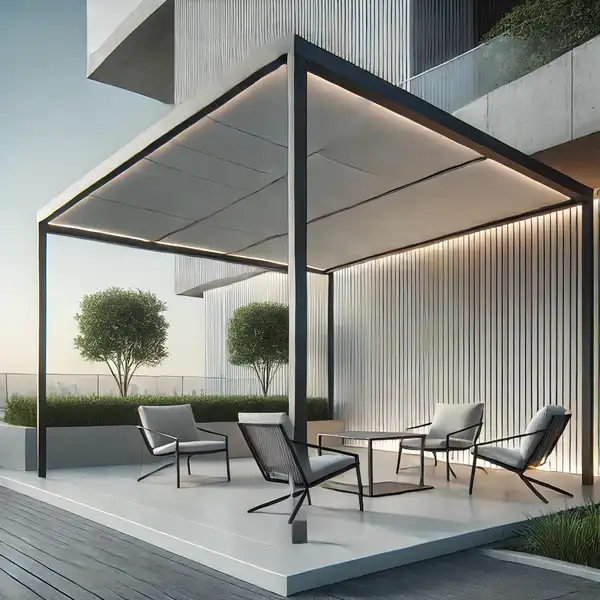 A modern outdoor seating area shaded by a stylish canopy