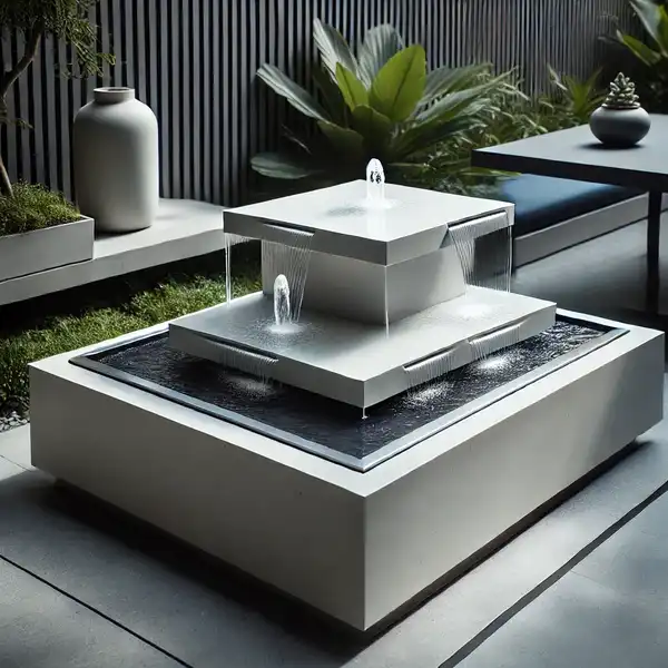 A modern outdoor water feature with a sleek, minimalistic fountain design