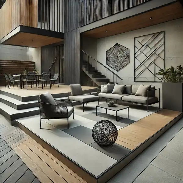 A modern patio featuring materials like concrete flooring, composite decking, and sleek metal railings