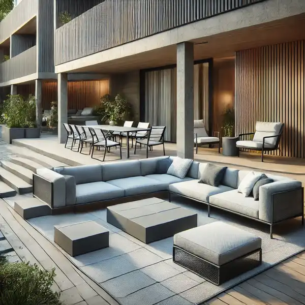 A modern patio with modular furniture that can be moved around easily