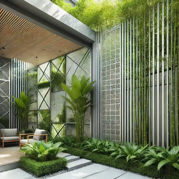 A modern patio with privacy screens and natural barriers