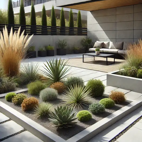 A modern patio with simple landscaping ideas, featuring succulents and clean garden beds