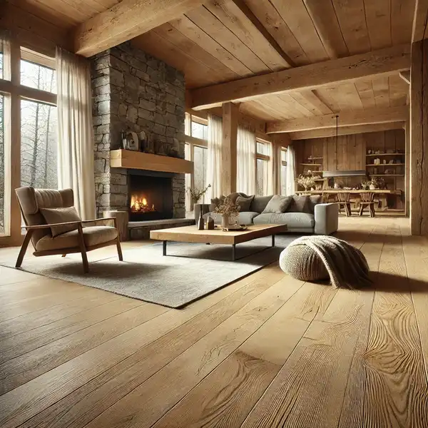 A modern rustic living room featuring wide plank wooden flooring