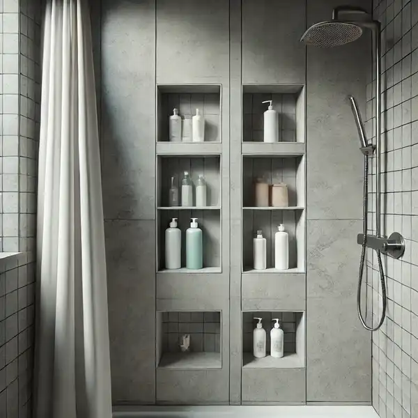 A modern shower with a built in niche for storing shampoo bottles, razors, and soap