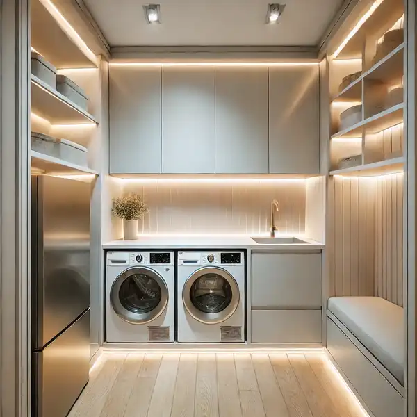 A modern small laundry room with bright lighting. The room features LED under cabinet lights and sleek wall fixtures