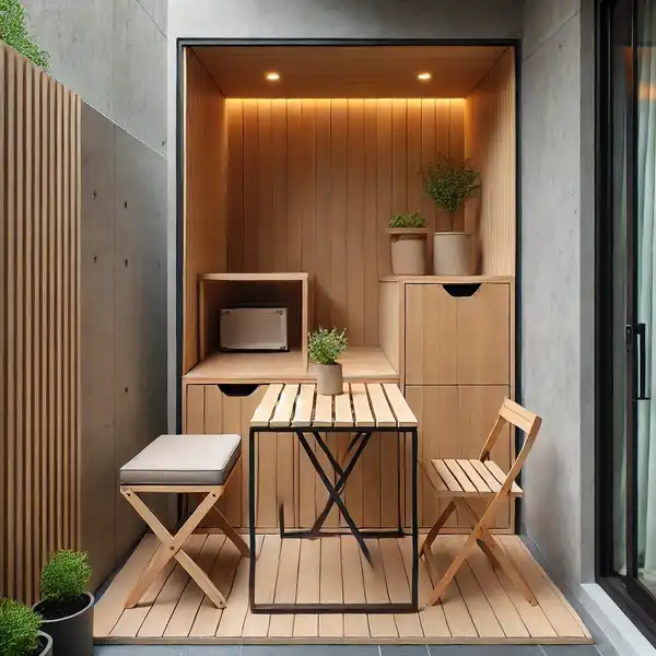 A modern small patio design featuring space saving furniture