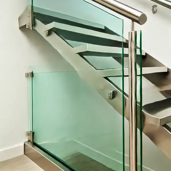 A modern staircase combining sleek metal steps and elegant glass railings