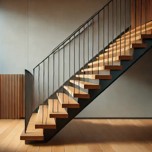 A modern wooden staircase with sleek metal railings, creating a warm and stylish look