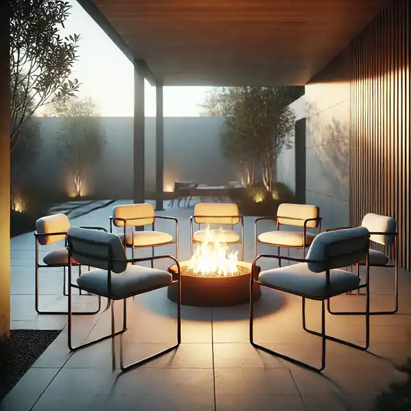 A sleek modern fire pit area with chairs arranged in a circle around a minimalistic fire pit