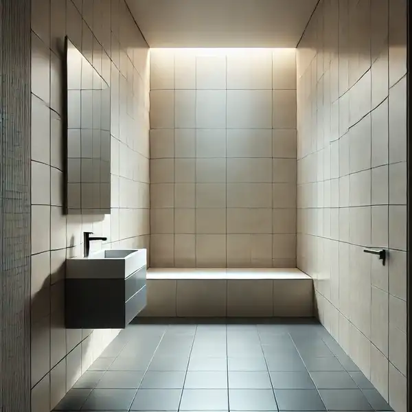 A small contemporary bathroom designed to feel spacious using modern tiles