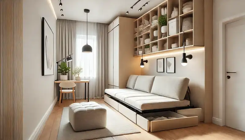 A small modern apartment with multi-functional furniture like a sleek sofa bed and a storage ottoman