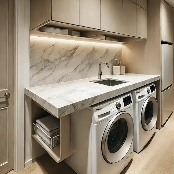 A small modern laundry room featuring a dual purpose countertop