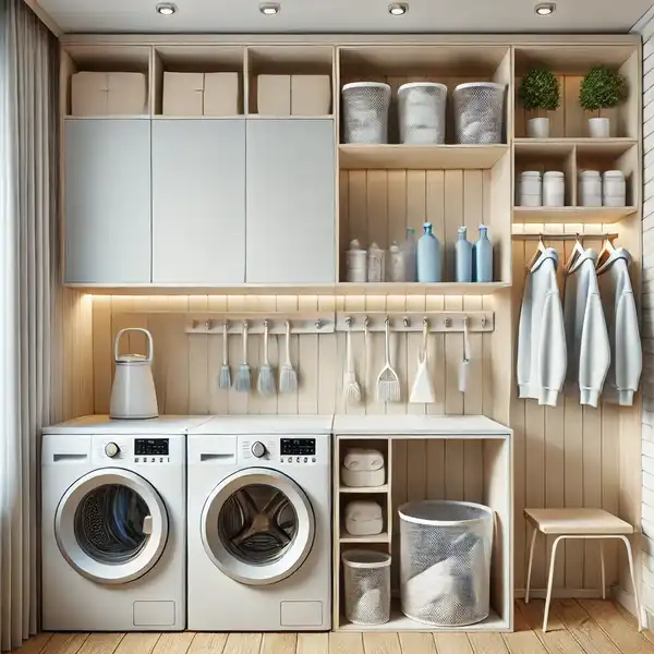 A small modern laundry room with shelves and cabinets installed above compact washers and dryers